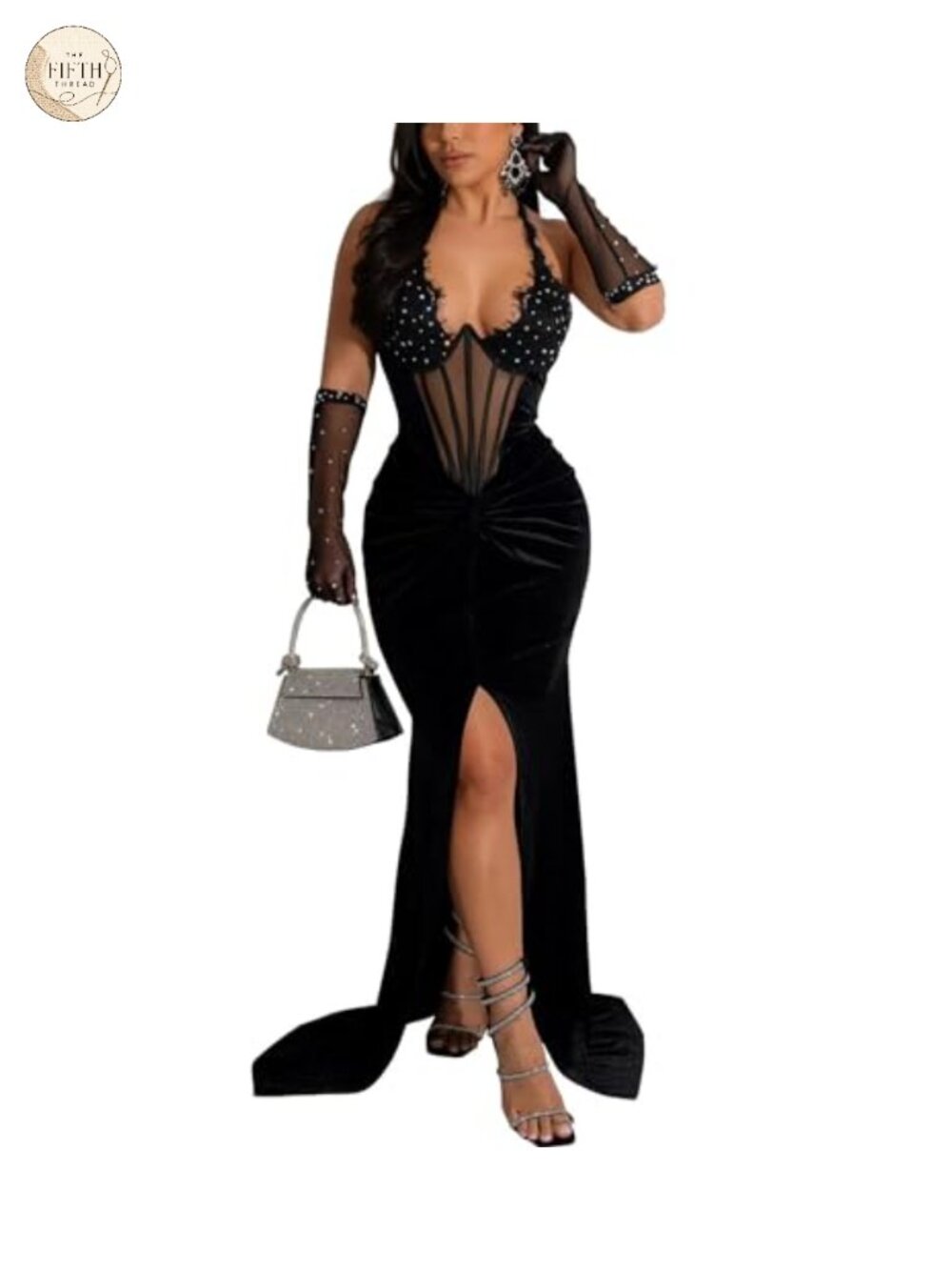Rhinestone Embellished Velvet Bodycon Halter Maxi Dress Party